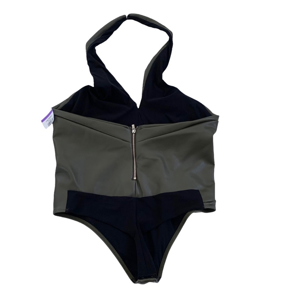 Alix NYC Faux Leather Bodysuit Halter Thong Olive Green L 8/10 NWT - Picture 9 of 12